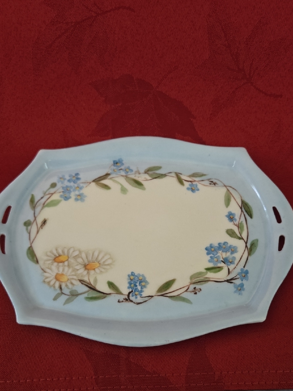 Vintage Blue Floral Ceramic Serving Or Vanity Tray With Daisies & Forget Me Nots - Picture 2 of 5